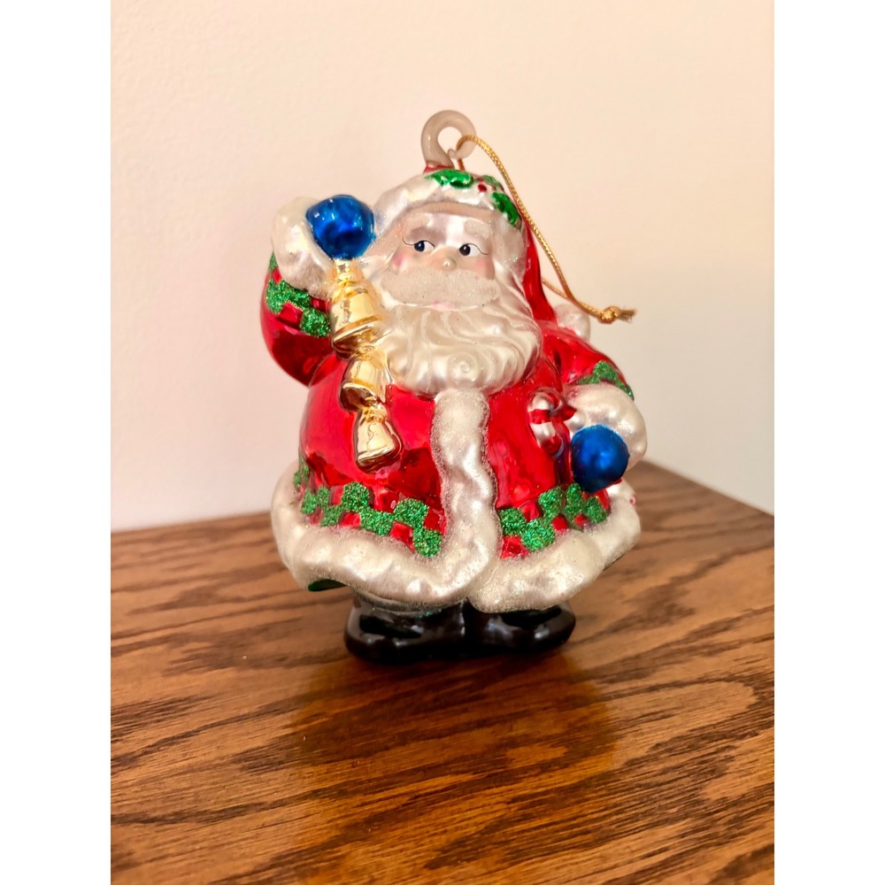 Vintage Blown Glass Santa Claus Christmas Ornament Red Green Glitter 4 Inch